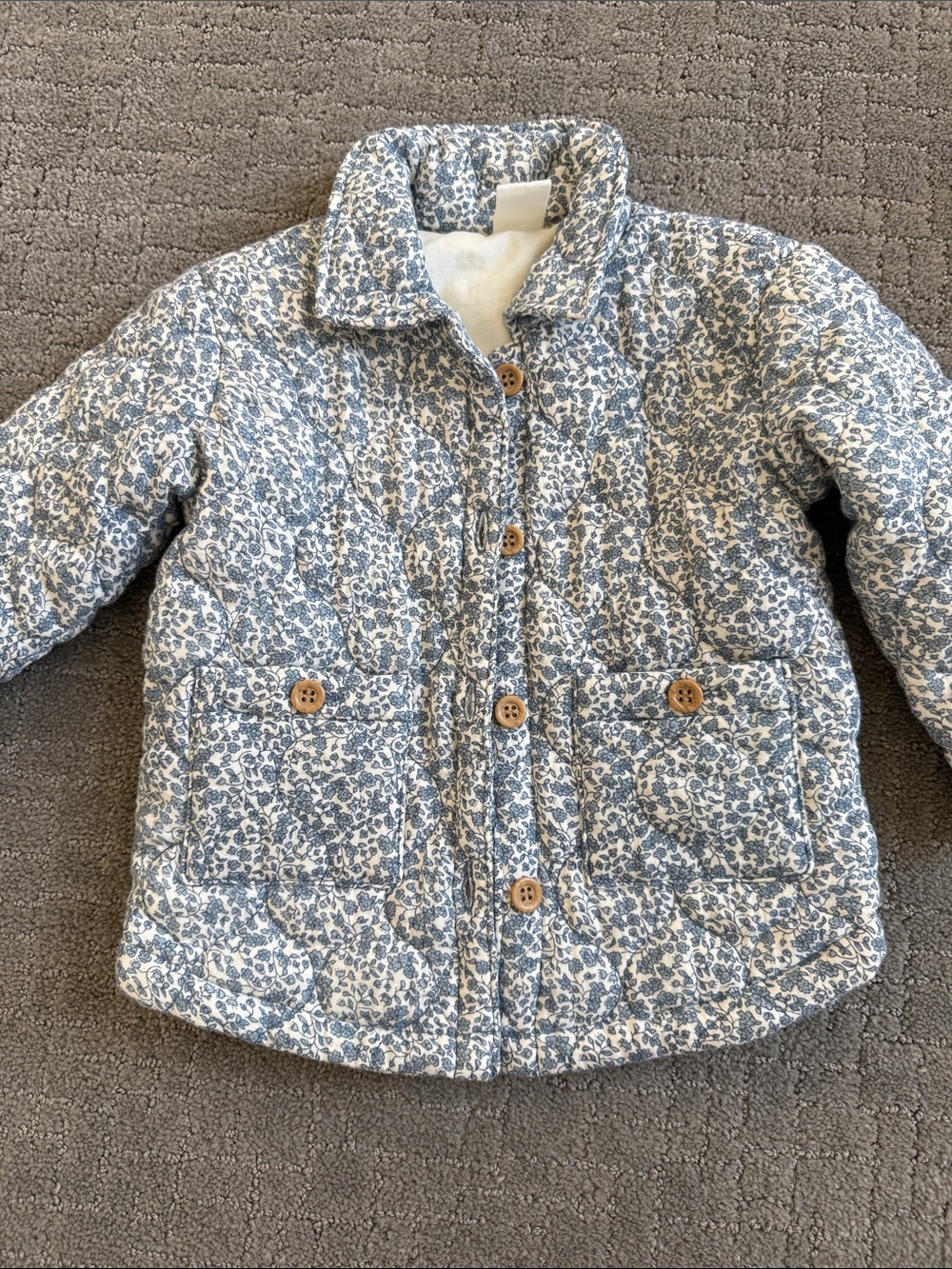 H&M Quilted Floral Puffer Jacket in Blue and White with Button Front